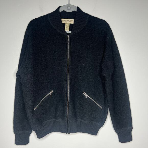 Vintage Black Boucle Wool Bomber Jacket Full Zip Womens Small Pockets Streetwear - Picture 1 of 11